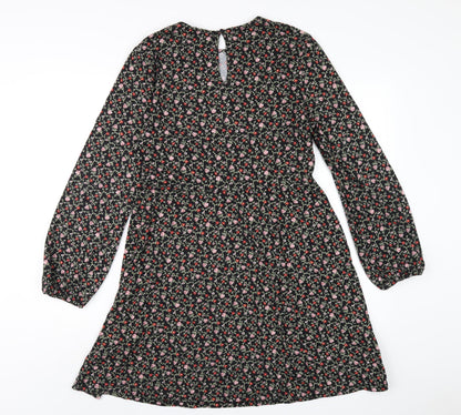 New Look Womens Black Floral Polyester A-Line Size 12 Round Neck Button