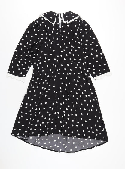 New Look Womens Black Polka Dot Polyester A-Line Size 12 Collared Zip