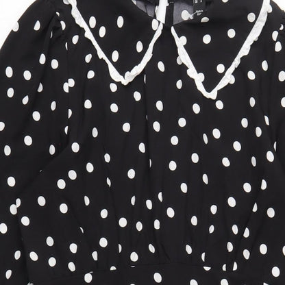 New Look Womens Black Polka Dot Polyester A-Line Size 12 Collared Zip