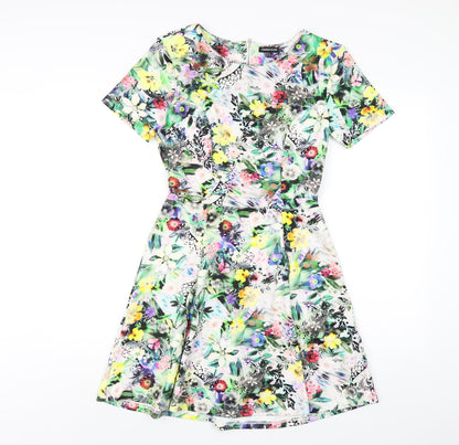 Warehouse Womens Multicoloured Floral Polyester A-Line Size 8 Round Neck Zip