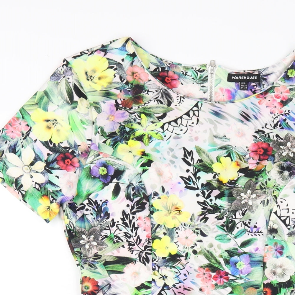 Warehouse Womens Multicoloured Floral Polyester A-Line Size 8 Round Neck Zip