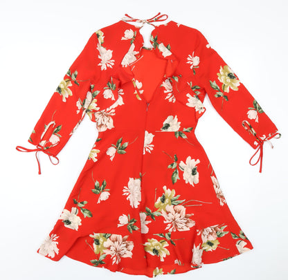 Topshop Womens Red Floral Polyester A-Line Size 8 Round Neck Zip