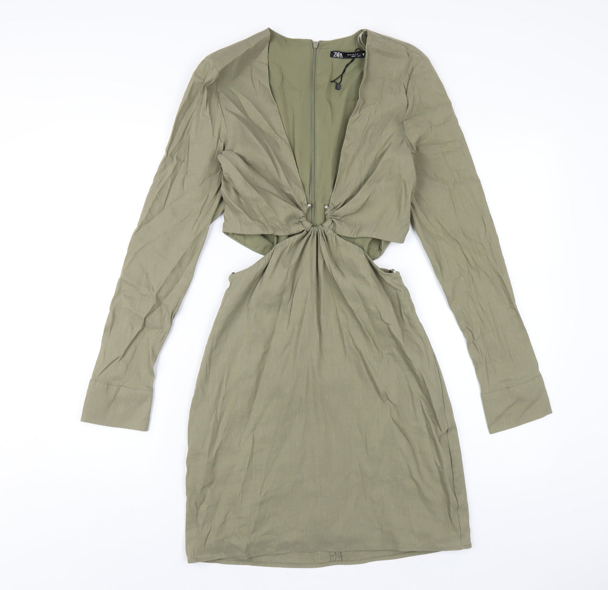 Zara Womens Green Polyester A-Line Size M V-Neck Zip