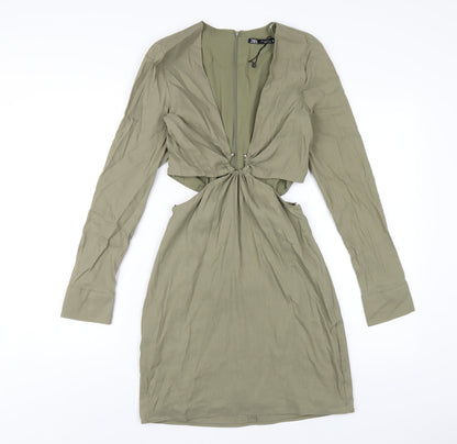 Zara Womens Green Polyester A-Line Size M V-Neck Zip