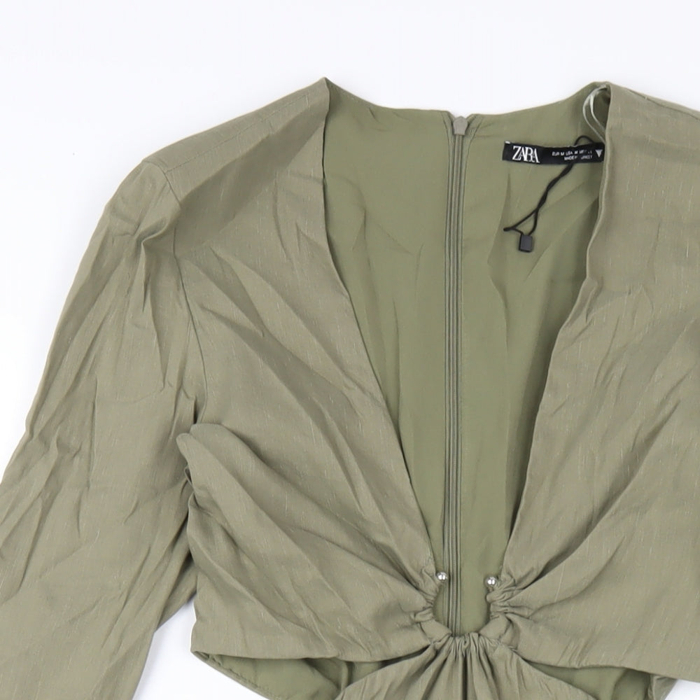 Zara Womens Green Polyester A-Line Size M V-Neck Zip