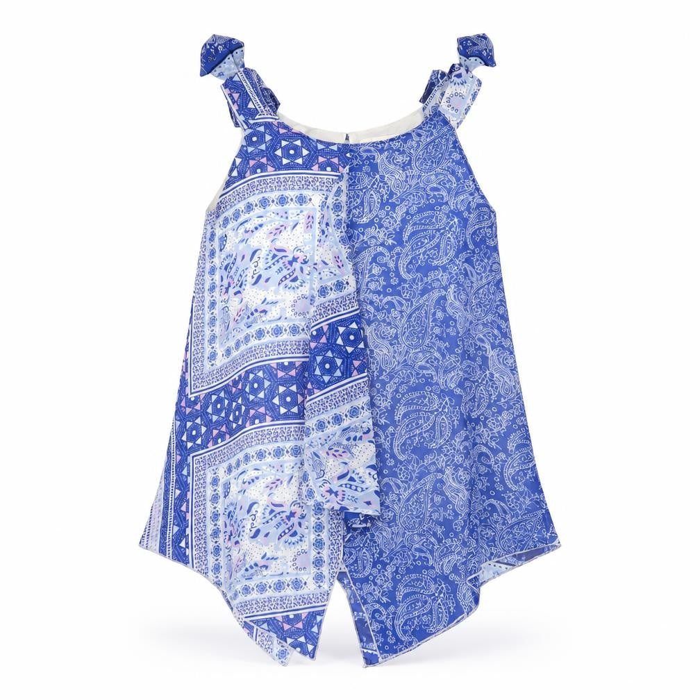 Front view of Tammy Girl girls’ blue paisley polyester basic t-shirt, size 12-13, years scoop neck button