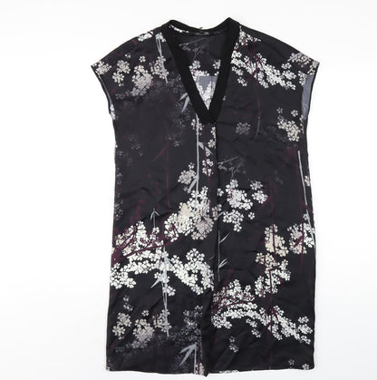 NEXT Womens Black Floral Polyester A-Line Size 8 V-Neck Pullover