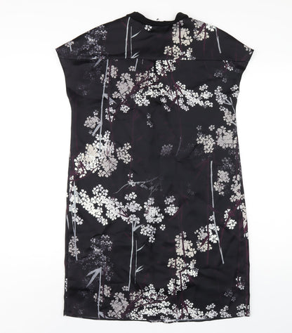 NEXT Womens Black Floral Polyester A-Line Size 8 V-Neck Pullover