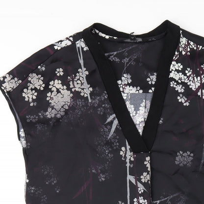 NEXT Womens Black Floral Polyester A-Line Size 8 V-Neck Pullover