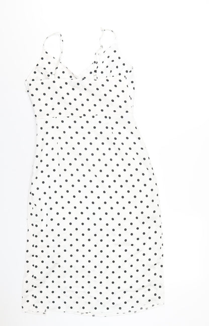 New Look Womens White Polka Dot Polyester A-Line Size 10 V-Neck Zip