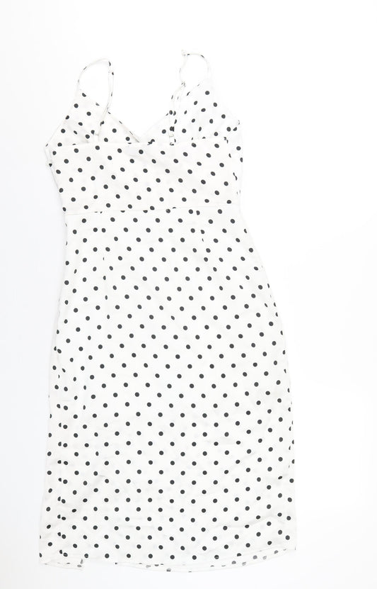 New Look Womens White Polka Dot Polyester A-Line Size 10 V-Neck Zip