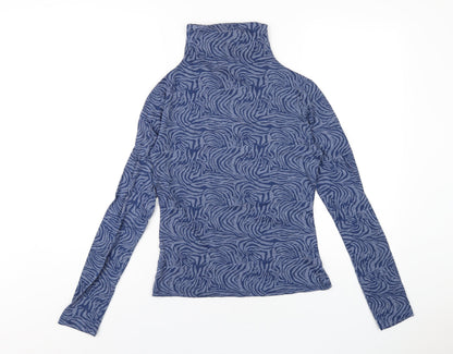 Daphnea Womens Blue Geometric Cotton Basic T-Shirt Size M Roll Neck