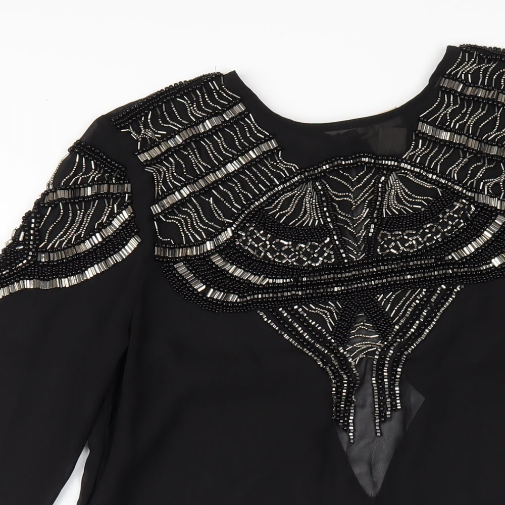 H&M Womens Black Polyester A-Line Size 10 Round Neck Button - Beaded Front