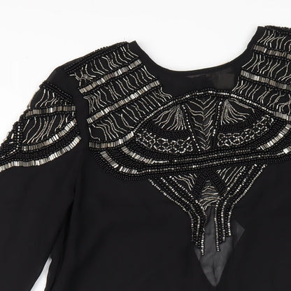H&M Womens Black Polyester A-Line Size 10 Round Neck Button - Beaded Front