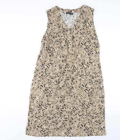Marks and Spencer Womens Beige Geometric Linen A-Line Size 10 V-Neck Pullover