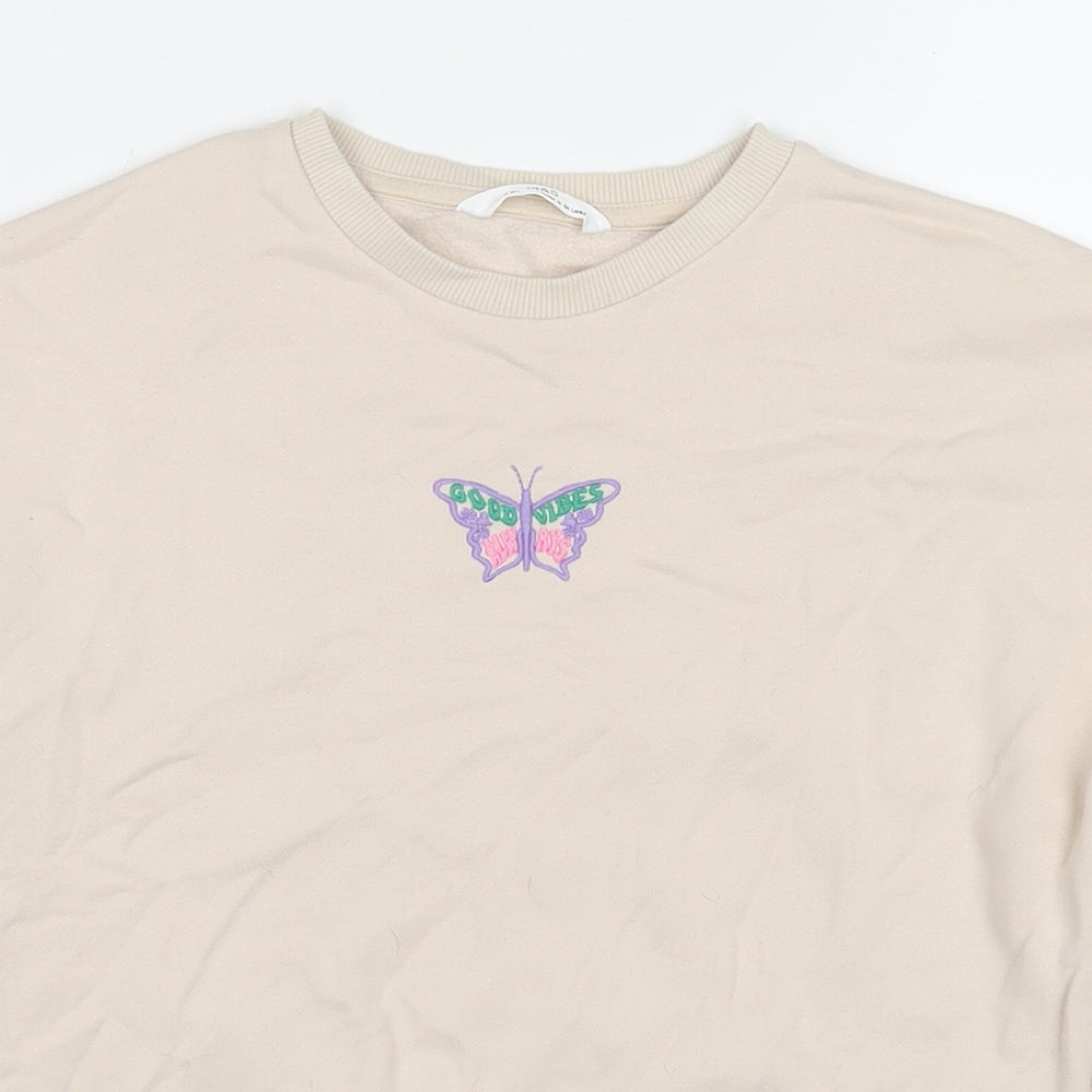 Marks and Spencer Girls Beige Cotton Pullover Hoodie Size 9-10 Years Zip - Butterfly