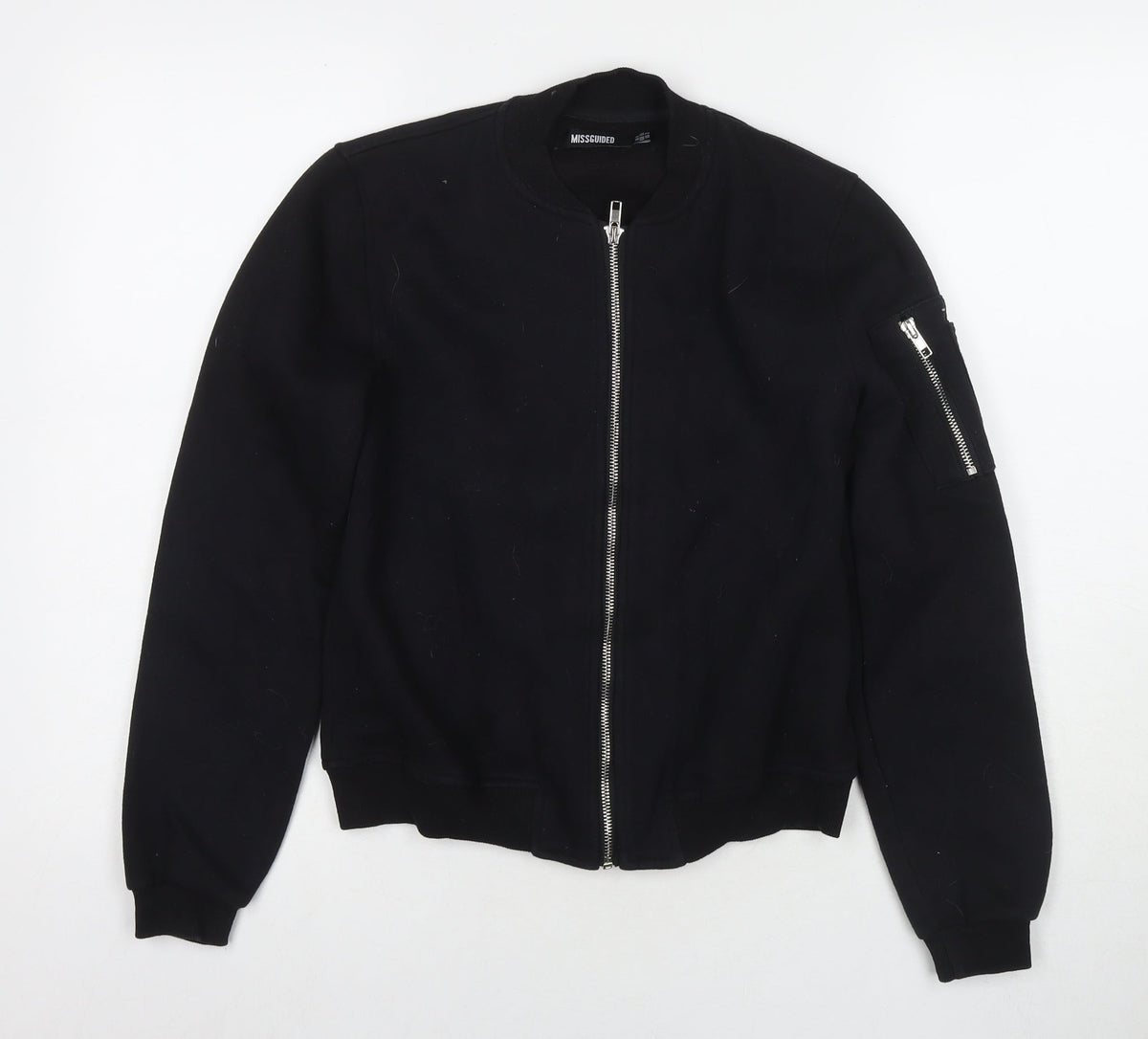 Additional front view of Missguided women’s black polyester full zip sweatshirt, size UK 6, zip