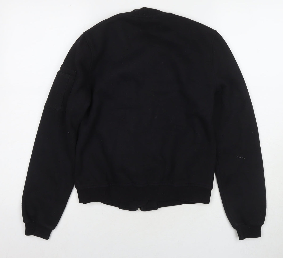 Back view of Missguided women’s black polyester full zip sweatshirt, size UK 6, zip