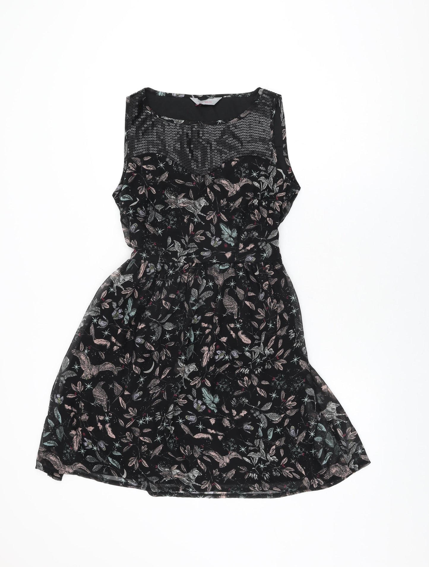 Dorothy Perkins Womens Black Floral Polyester Skater Dress Size 10 Round Neck Zip