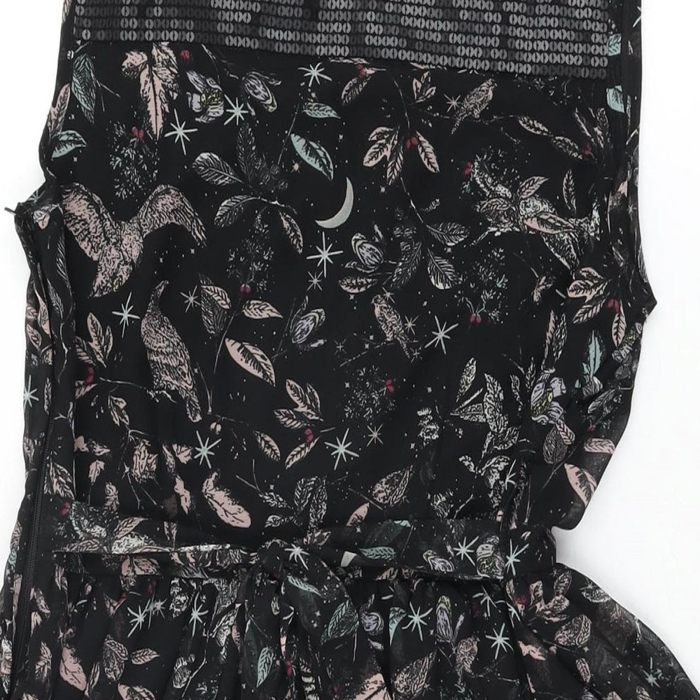 Dorothy Perkins Womens Black Floral Polyester Skater Dress Size 10 Round Neck Zip