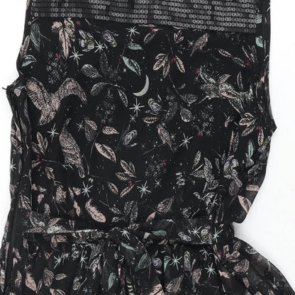 Dorothy Perkins Womens Black Floral Polyester Skater Dress Size 10 Round Neck Zip
