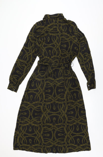 H&M Womens Black Geometric Viscose Shirt Dress Size 4 Collared Button