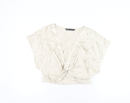 Womens UK Size L Zara Beige Cropped Blouse