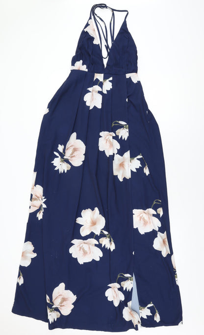 Showpo Womens Blue Floral Polyester Maxi Size 8 Halter Tie