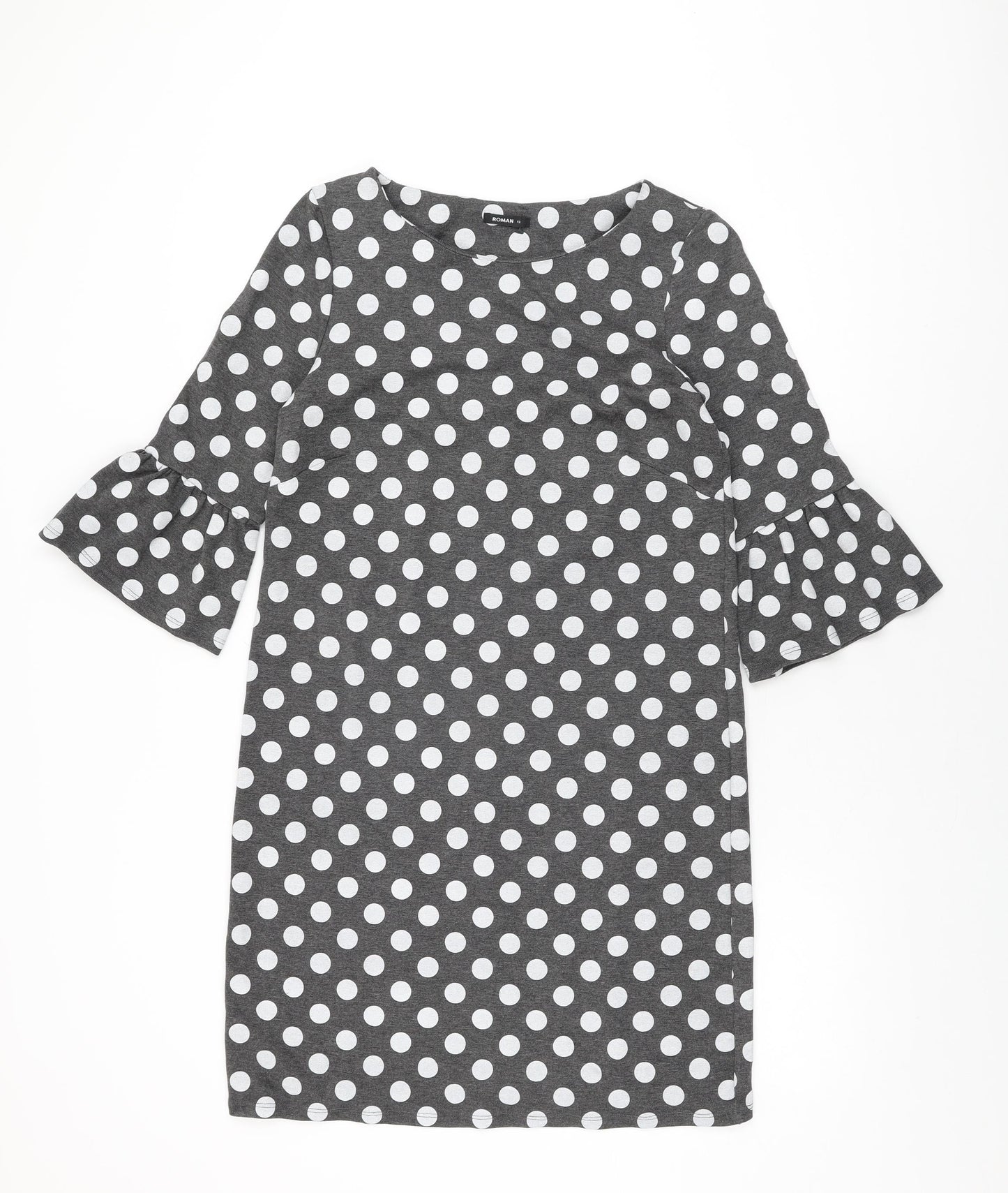 Roman Womens Grey Polka Dot Polyester Shift Size 12 Round Neck Pullover