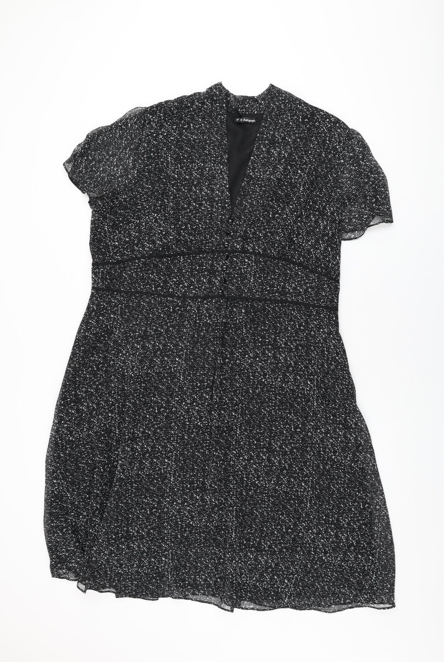 Autograph Womens Black Geometric Polyester A-Line Size 20 V-Neck Zip