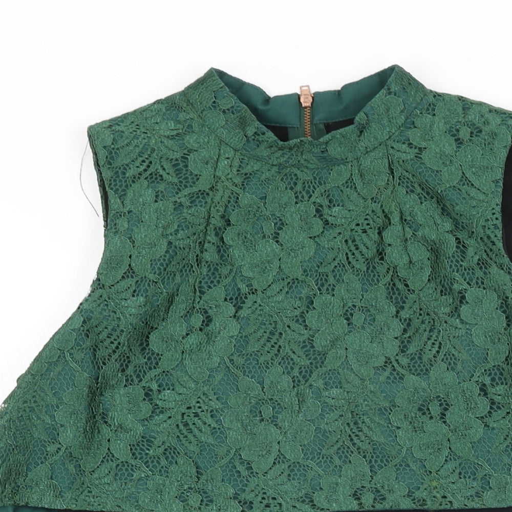 Topshop Womens Green Floral Nylon Mini Size 10 Round Neck Zip