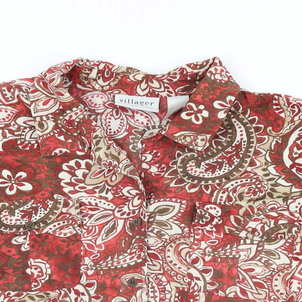 Villager Womens Red Floral Cotton Basic Button-Up Size 16 Collared