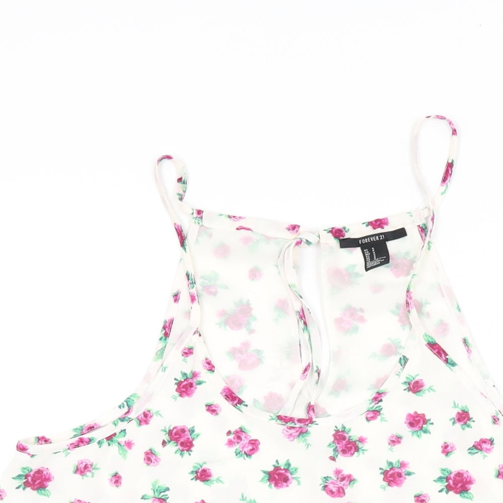 FOREVER 21 Womens White Floral Polyester Camisole T-Shirt Size S Scoop Neck