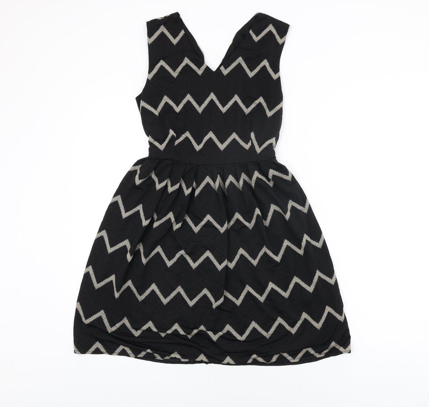 Mela London Womens Black Geometric Polyester Skater Dress Size 10 V-Neck Zip