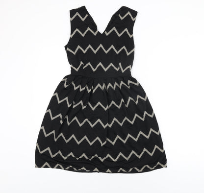 Mela London Womens Black Geometric Polyester Skater Dress Size 10 V-Neck Zip