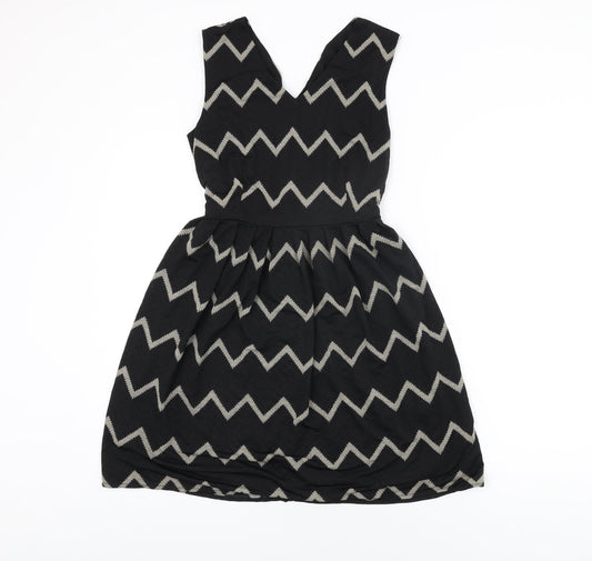 Mela London Womens Black Geometric Polyester Skater Dress Size 10 V-Neck Zip