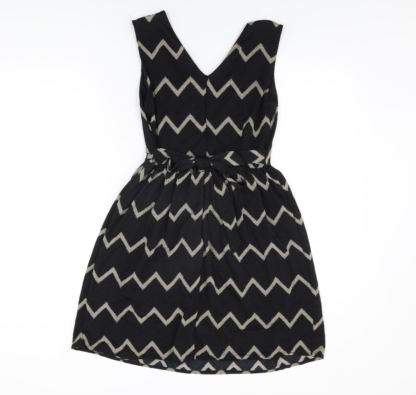 Mela London Womens Black Geometric Polyester Skater Dress Size 10 V-Neck Zip