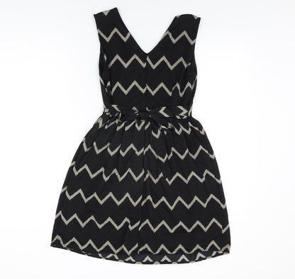 Mela London Womens Black Geometric Polyester Skater Dress Size 10 V-Neck Zip
