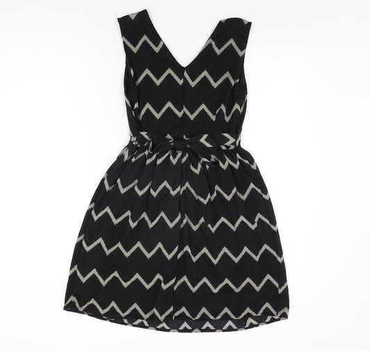 Mela London Womens Black Geometric Polyester Skater Dress Size 10 V-Neck Zip