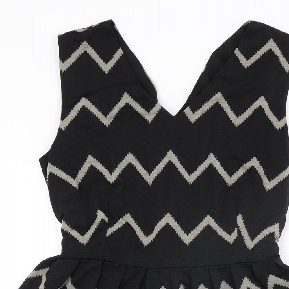Mela London Womens Black Geometric Polyester Skater Dress Size 10 V-Neck Zip