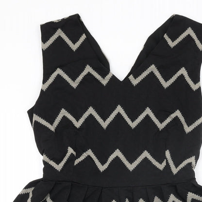 Mela London Womens Black Geometric Polyester Skater Dress Size 10 V-Neck Zip