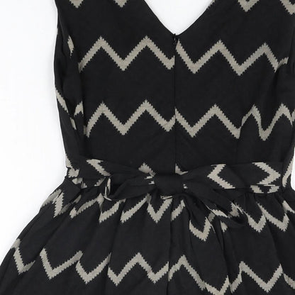 Mela London Womens Black Geometric Polyester Skater Dress Size 10 V-Neck Zip