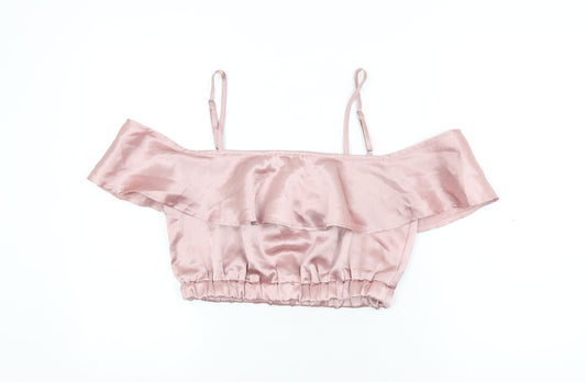 Boohoo Womens Pink Polyester Cropped T-Shirt Size 10 Off the Shoulder