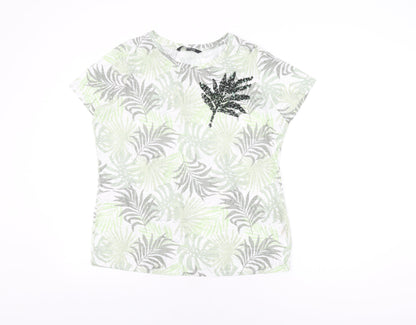 Bonmarché Womens Green Geometric Polyester Basic T-Shirt Size 16 Round Neck