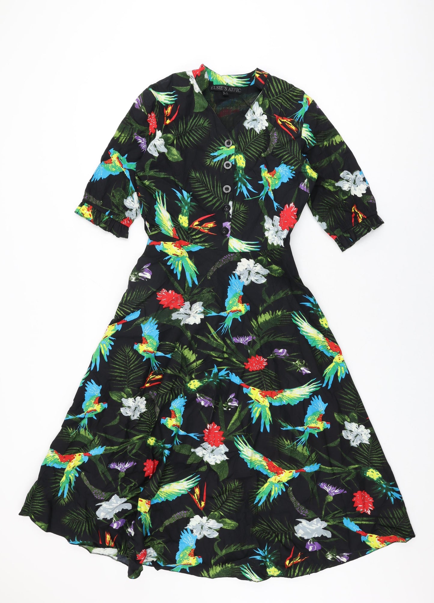 Elsie's Attic Womens Black Floral Cotton A-Line Size 10 V-Neck Zip