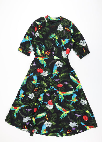 Elsie's Attic Womens Black Floral Cotton A-Line Size 10 V-Neck Zip
