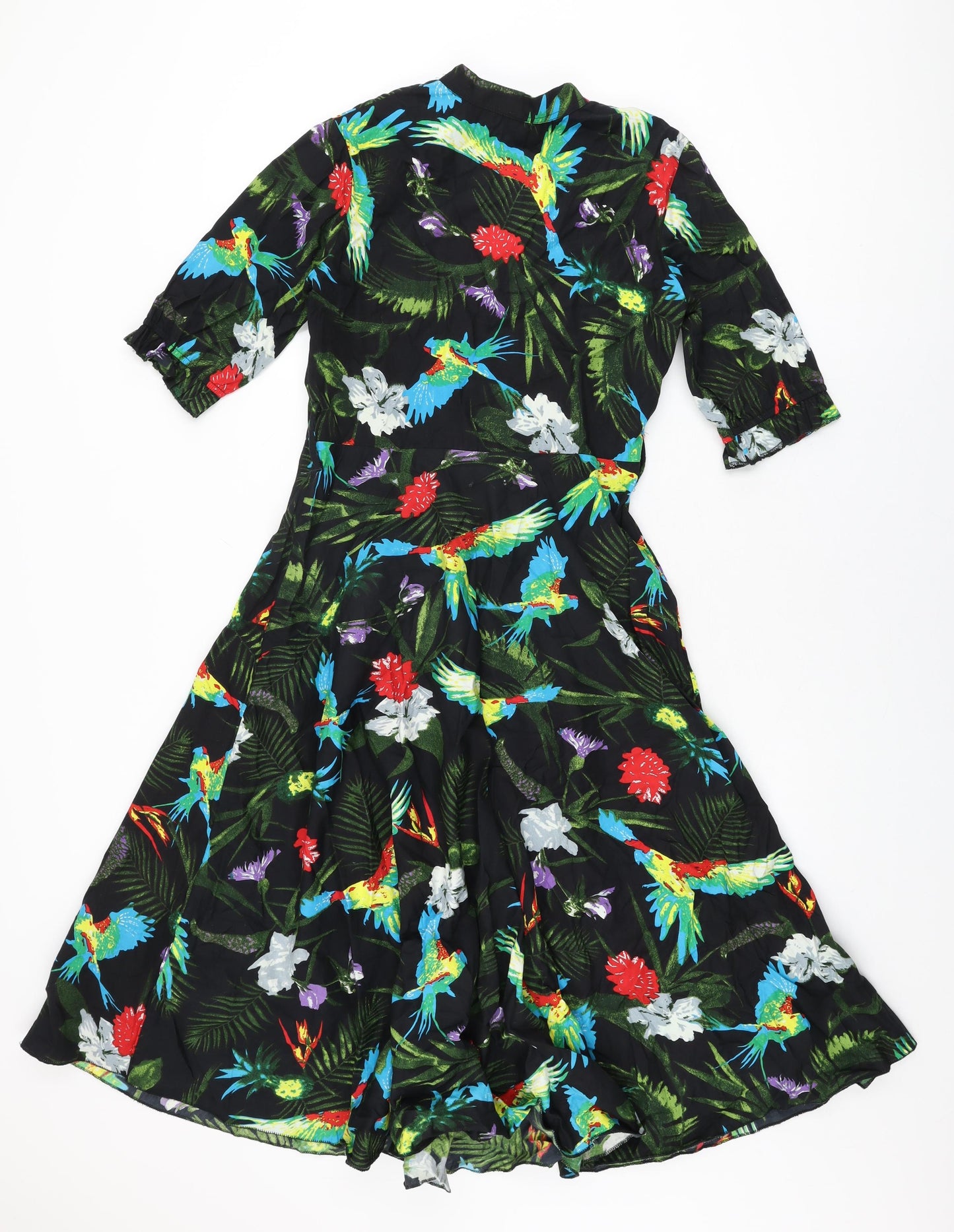 Elsie's Attic Womens Black Floral Cotton A-Line Size 10 V-Neck Zip