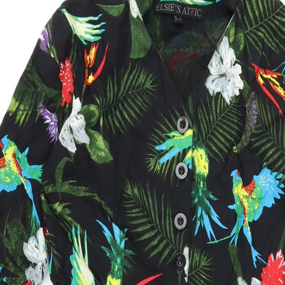 Elsie's Attic Womens Black Floral Cotton A-Line Size 10 V-Neck Zip