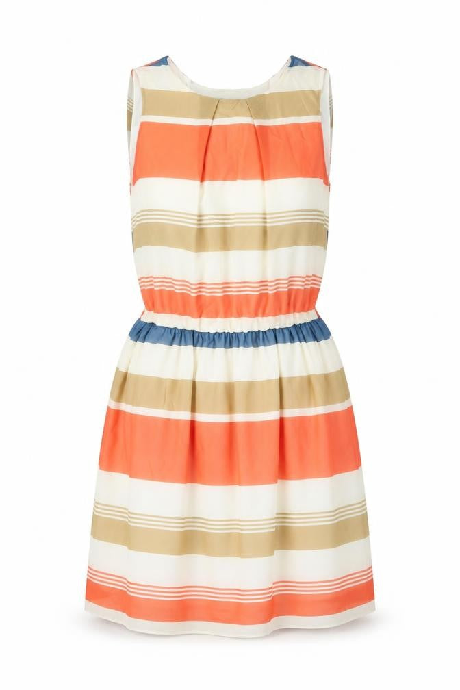 Select Womens Ivory Striped Polyester Skater Dress Size 14 Round Neck Zip