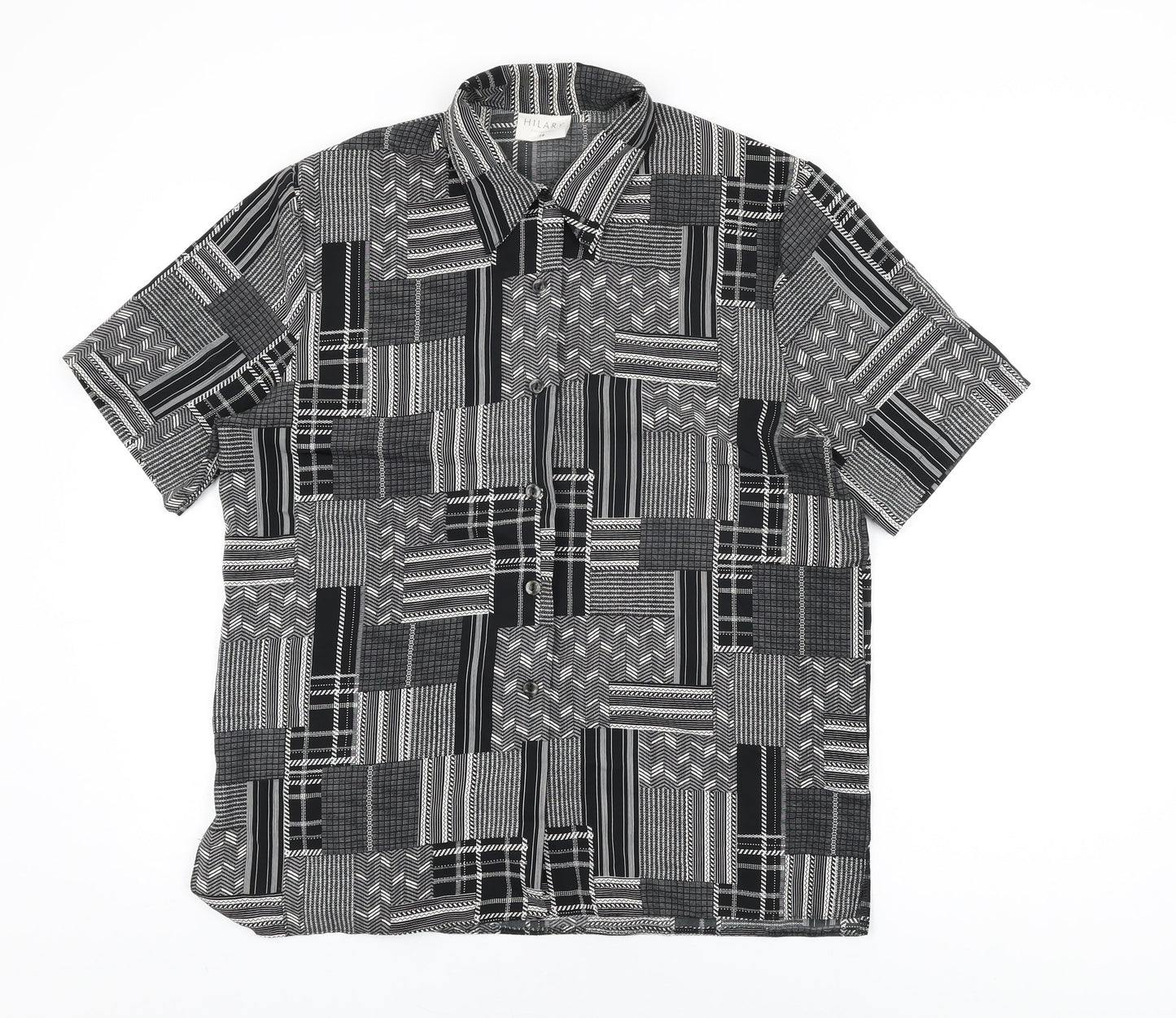 Hilary Womens Black Geometric Polyester Basic Button-Up Size 14 Collared